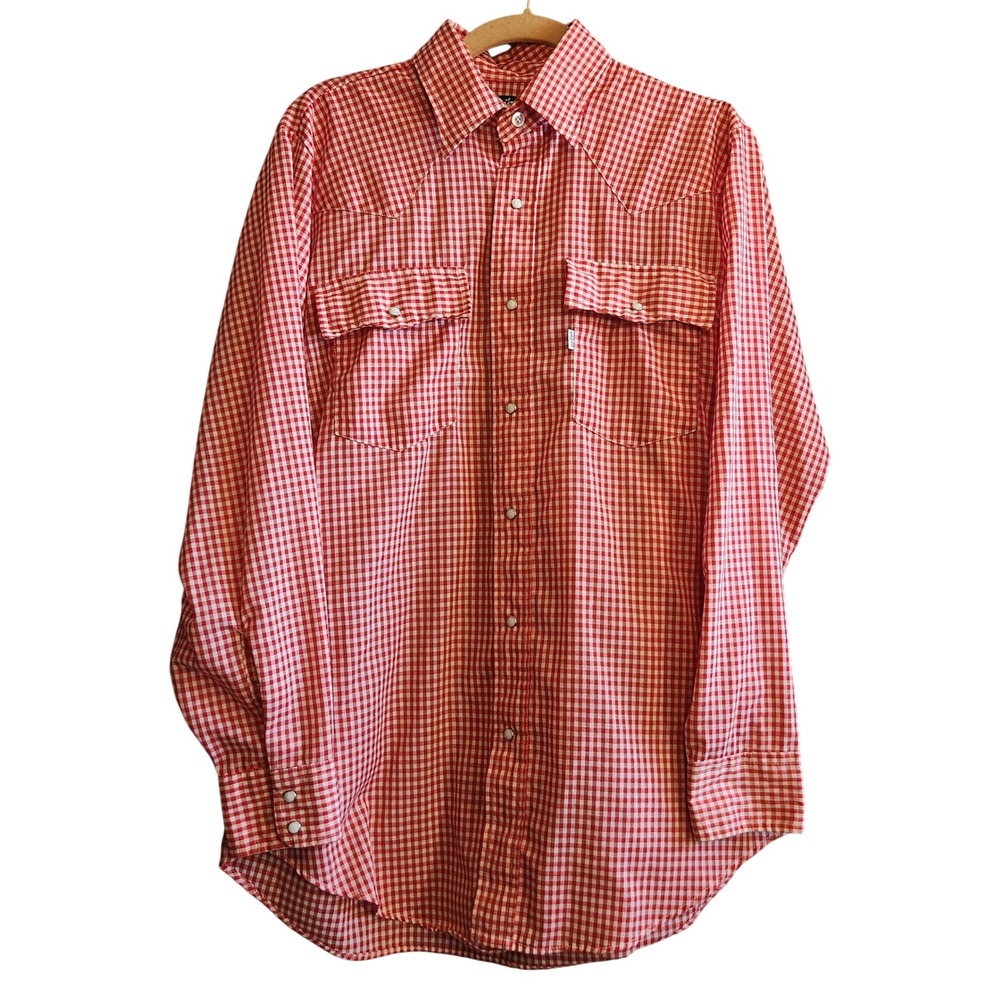 Levi's Western Shirt Mens M Red Gingham Vintage 70s Pearl Snap Pearlized Buttons